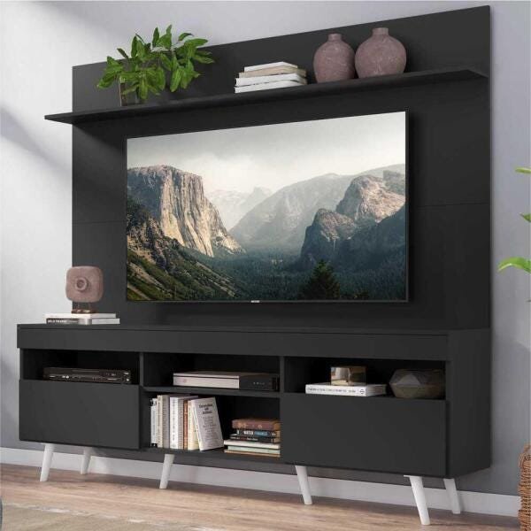 Rack com Painel TV 65 Polegadas Madri Multimóveis Pés Retrô e Prateleira Preto/Branco - 1