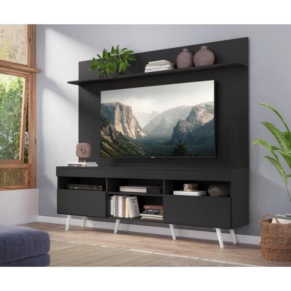 Rack com Painel TV 65 Polegadas Madri Multimóveis Pés Retrô e Prateleira Preto/Branco - 7