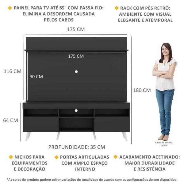 Rack com Painel TV 65 Polegadas Madri Multimóveis Pés Retrô e Prateleira Preto/Branco - 3