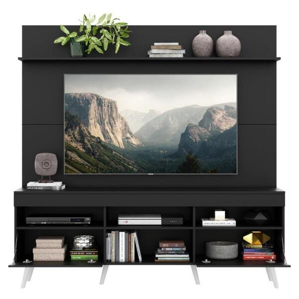 Rack com Painel TV 65 Polegadas Madri Multimóveis Pés Retrô e Prateleira Preto/Branco - 5