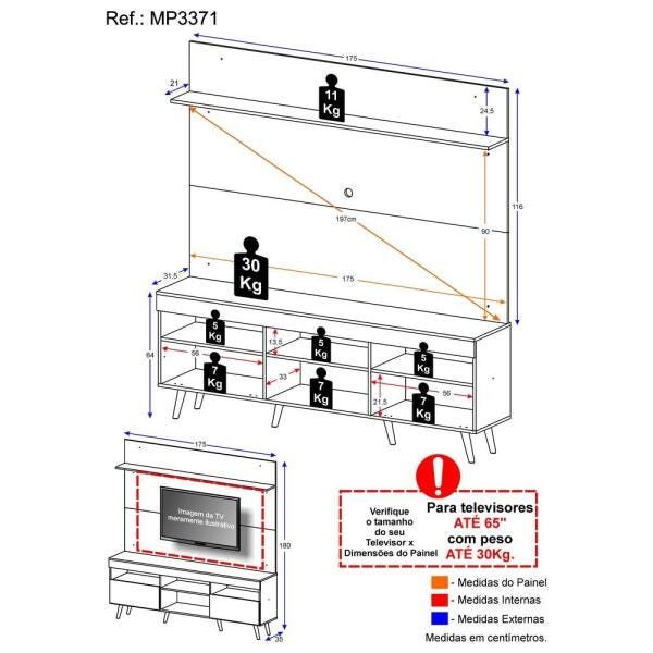 Rack com Painel TV 65 Polegadas Madri Multimóveis Pés Retrô e Prateleira Preto/Branco - 4