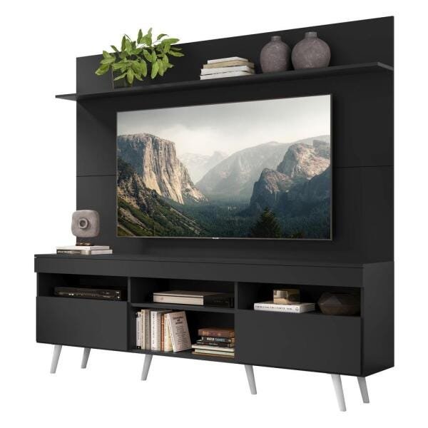 Rack com Painel TV 65 Polegadas Madri Multimóveis Pés Retrô e Prateleira Preto/Branco - 2