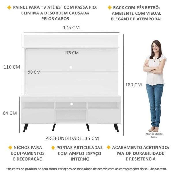 Rack com Painel TV 65 Polegadas Madri Multimóveis Pés Retrô e Prateleira Branco/Preto - 3