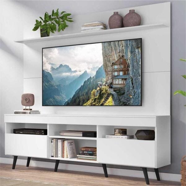 Rack com Painel TV 65 Polegadas Madri Multimóveis Pés Retrô e Prateleira Branco/Preto - 1