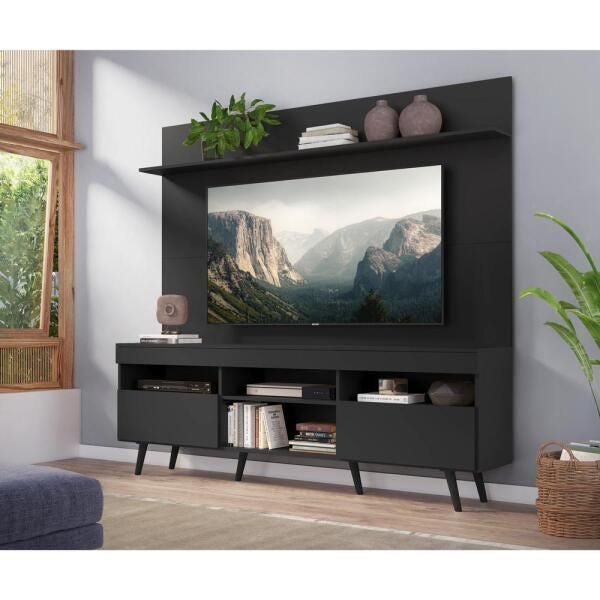Rack com Painel TV 65 Polegadas Madri Multimóveis Pés Retrô e Prateleira Preto - 7