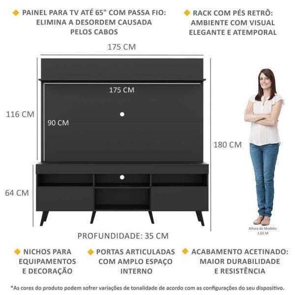 Rack com Painel TV 65 Polegadas Madri Multimóveis Pés Retrô e Prateleira Preto - 3