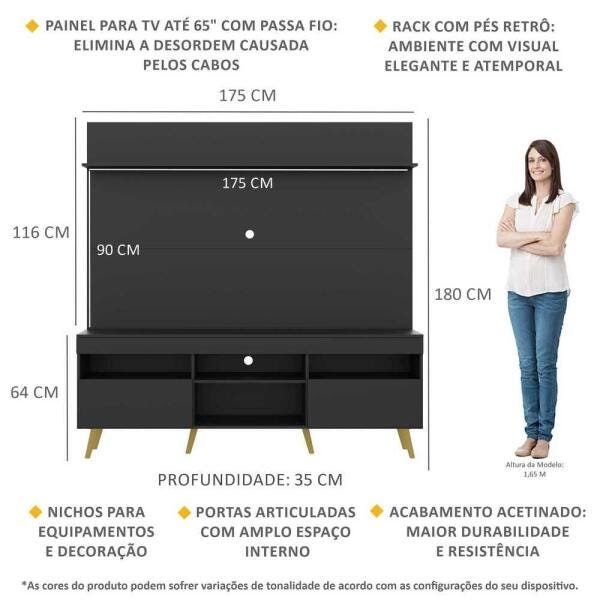 Rack com Painel TV 65 Polegadas Madri Multimóveis Pés Retrô e Prateleira Preto/Natural - 3