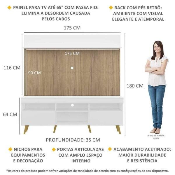 Rack com Painel TV 65 Polegadas Madri Multimóveis Branco/Rustic com Prateleira e Pés Retrô Natural - 3