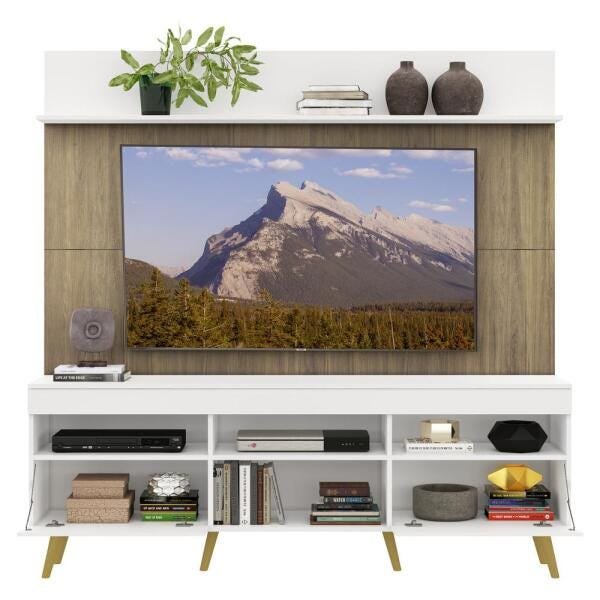 Rack com Painel TV 65 Polegadas Madri Multimóveis Branco/Rustic com Prateleira e Pés Retrô Natural - 5