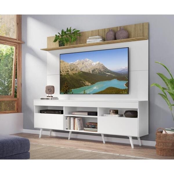 Rack com Painel TV 65 Polegadas Madri Multimóveis Branco/Rustic com Prateleira e Pés Retrô Branco - 7