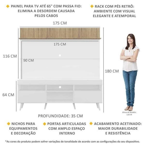 Rack com Painel TV 65 Polegadas Madri Multimóveis Branco/Rustic com Prateleira e Pés Retrô Branco - 3