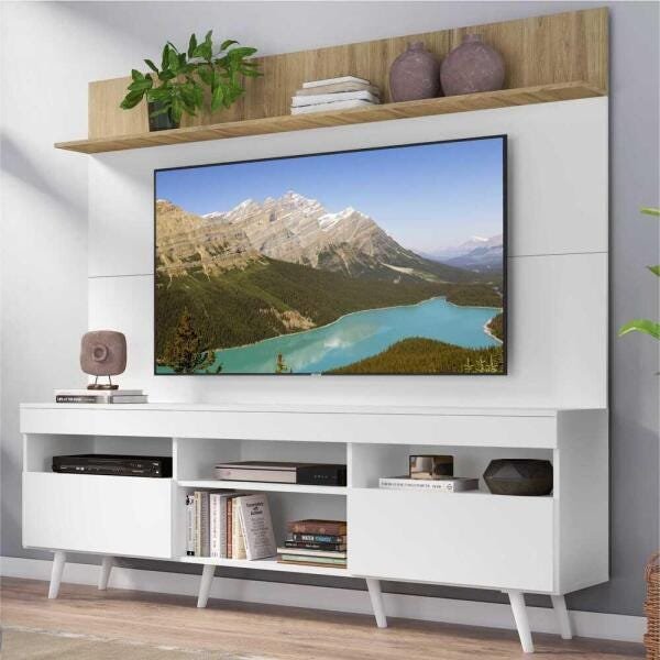 Rack com Painel TV 65 Polegadas Madri Multimóveis Branco/Rustic com Prateleira e Pés Retrô Branco - 1