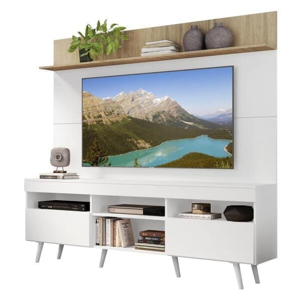 Rack com Painel TV 65 Polegadas Madri Multimóveis Branco/Rustic com Prateleira e Pés Retrô Branco - 2