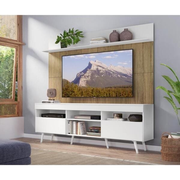 Rack com Painel TV 65 Polegadas Madri Multimóveis Branco/Rustic com Prateleira e Pés Retrô Branco - 7