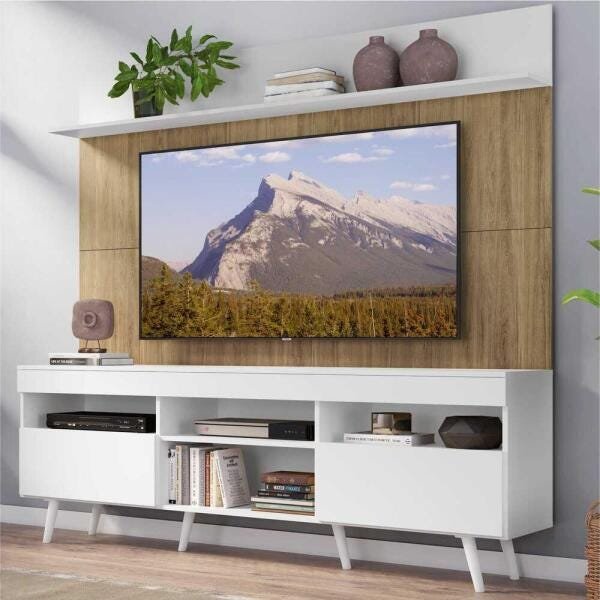 Rack com Painel TV 65 Polegadas Madri Multimóveis Branco/Rustic com Prateleira e Pés Retrô Branco - 1