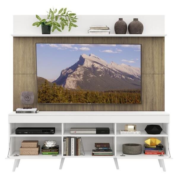 Rack com Painel TV 65 Polegadas Madri Multimóveis Branco/Rustic com Prateleira e Pés Retrô Branco - 5