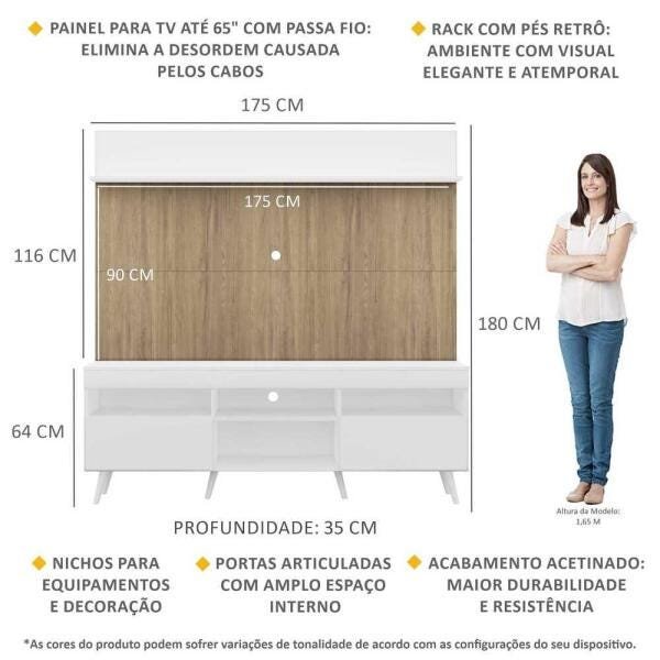 Rack com Painel TV 65 Polegadas Madri Multimóveis Branco/Rustic com Prateleira e Pés Retrô Branco - 3