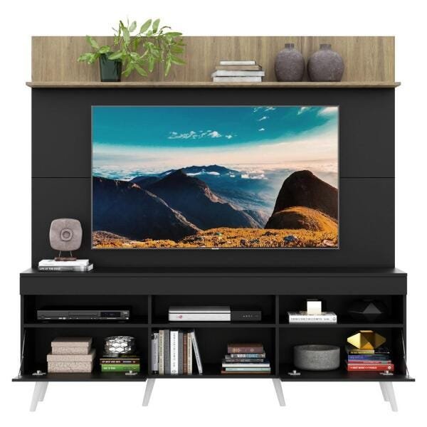 Rack com Painel TV 65 Polegadas Madri Multimóveis Preto/Rustic com Prateleira e Pés Retrô Branco - 5