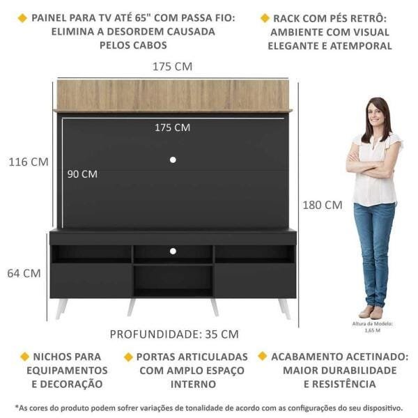 Rack com Painel TV 65 Polegadas Madri Multimóveis Preto/Rustic com Prateleira e Pés Retrô Branco - 3
