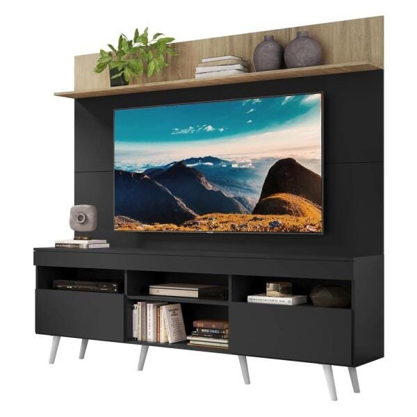 Rack com Painel TV 65 Polegadas Madri Multimóveis Preto/Rustic com Prateleira e Pés Retrô Branco - 2