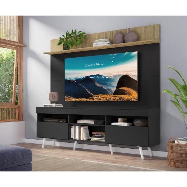 Rack com Painel TV 65 Polegadas Madri Multimóveis Preto/Rustic com Prateleira e Pés Retrô Branco - 7