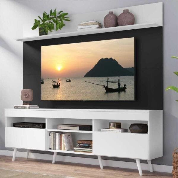 Rack com Painel TV 65 Polegadas Madri Multimóveis Branco/Preto com Prateleira e Pés Retrô Branco - 1