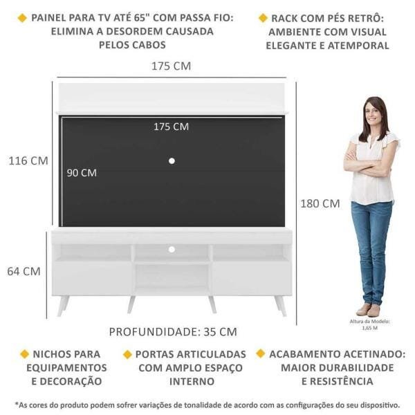 Rack com Painel TV 65 Polegadas Madri Multimóveis Branco/Preto com Prateleira e Pés Retrô Branco - 3