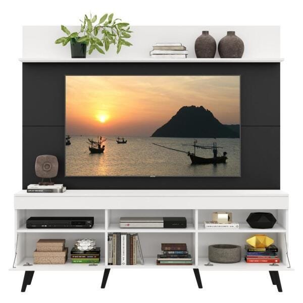 Rack com Painel TV 65 Polegadas Madri Multimóveis Branco/Preto com Prateleira e Pés Retrô Preto - 5
