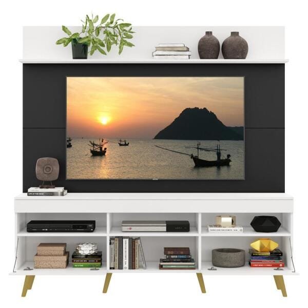 Rack com Painel TV 65 Polegadas Madri Multimóveis Branco/Preto com Prateleira e Pés Retrô Natural - 5