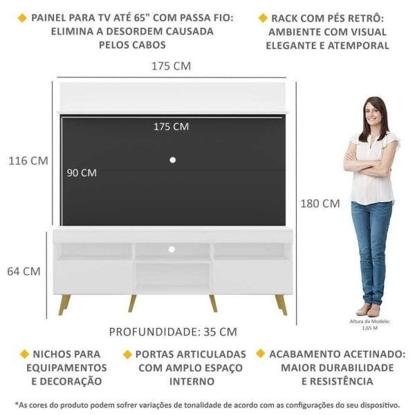 Rack com Painel TV 65 Polegadas Madri Multimóveis Branco/Preto com Prateleira e Pés Retrô Natural - 3