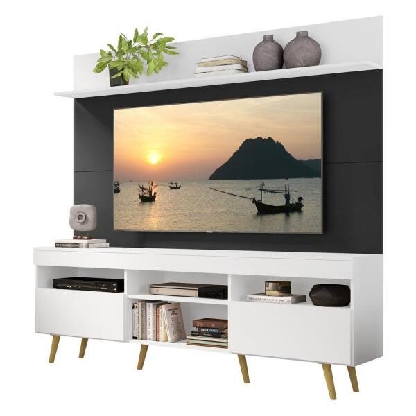Rack com Painel TV 65 Polegadas Madri Multimóveis Branco/Preto com Prateleira e Pés Retrô Natural - 2