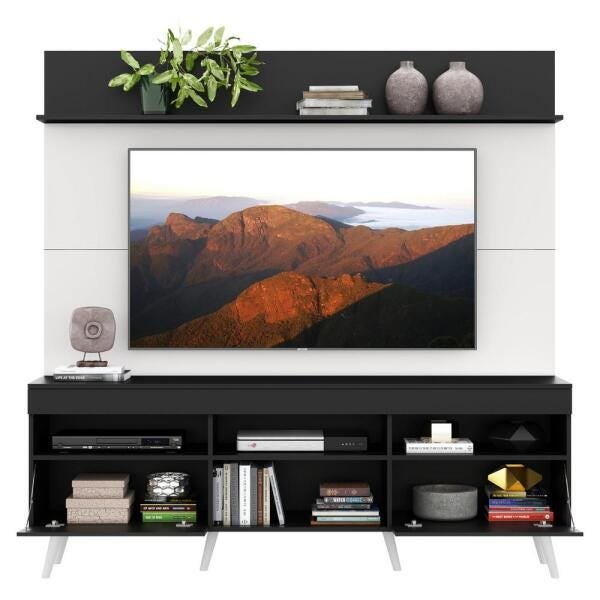 Rack com Painel TV 65 Polegadas Madri Multimóveis Preto/Branco com Prateleira e Pés Retrô Branco - 5
