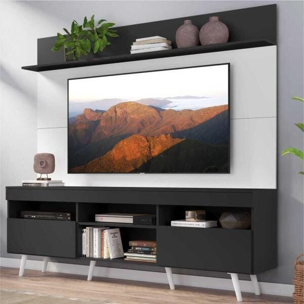 Rack com Painel TV 65 Polegadas Madri Multimóveis Preto/Branco com Prateleira e Pés Retrô Branco - 1