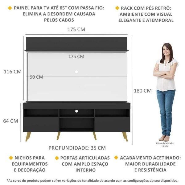 Rack com Painel TV 65 Polegadas Madri Multimóveis Preto/Branco com Prateleira e Pés Retrô Natural - 3