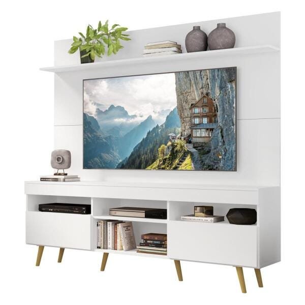 Rack com Painel TV 65 Polegadas Madri Multimóveis Pés Retrô e Prateleira Branco/Natural - 2