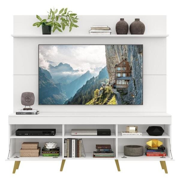 Rack com Painel TV 65 Polegadas Madri Multimóveis Pés Retrô e Prateleira Branco/Natural - 5