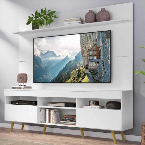 Rack com Painel TV 65 Polegadas Madri Multimóveis Pés Retrô e Prateleira Branco/Natural - 1