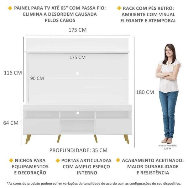 Rack com Painel TV 65 Polegadas Madri Multimóveis Pés Retrô e Prateleira Branco/Natural - 3