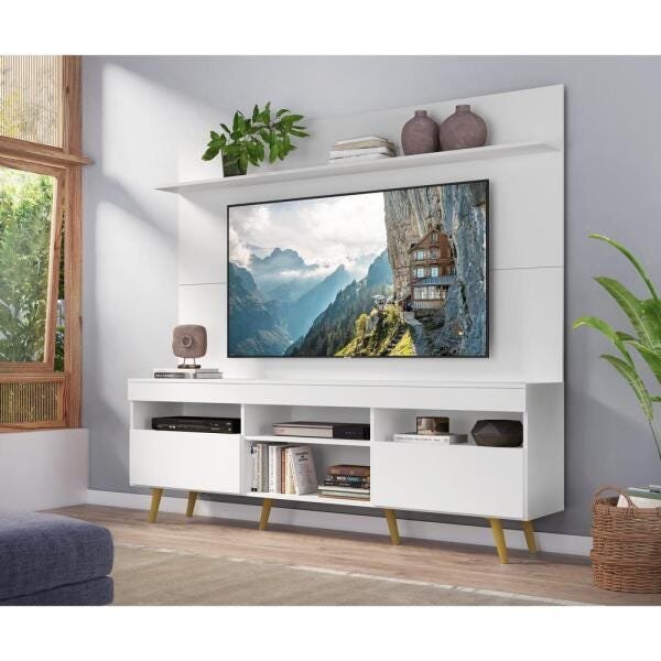 Rack com Painel TV 65 Polegadas Madri Multimóveis Pés Retrô e Prateleira Branco/Natural - 7