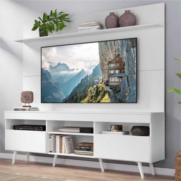 Rack com Painel TV 65 Polegadas Madri Multimóveis Pés Retrô e Prateleira Branco - 1