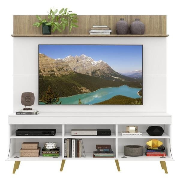 Rack com Painel TV 65 Polegadas Madri Multimóveis Branco/Rustic com Prateleira e Pés Retrô Natural - 5