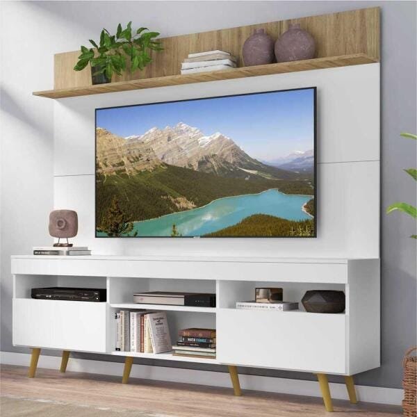 Rack com Painel TV 65 Polegadas Madri Multimóveis Branco/Rustic com Prateleira e Pés Retrô Natural - 1