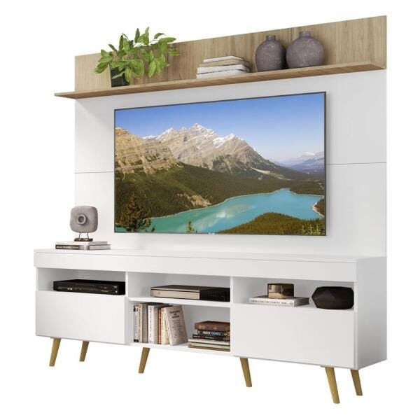 Rack com Painel TV 65 Polegadas Madri Multimóveis Branco/Rustic com Prateleira e Pés Retrô Natural - 2