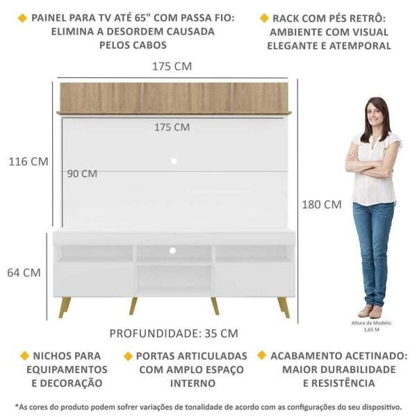 Rack com Painel TV 65 Polegadas Madri Multimóveis Branco/Rustic com Prateleira e Pés Retrô Natural - 3