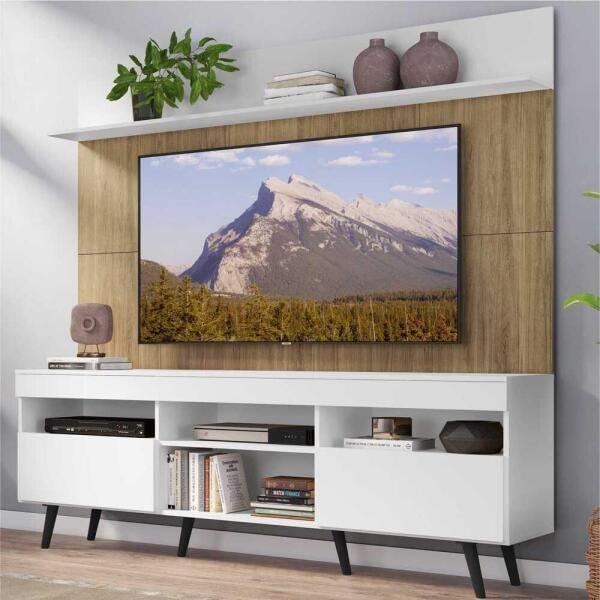 Rack com Painel TV 65 Polegadas Madri Multimóveis Branco/Rustic com Prateleira e Pés Retrô Preto - 1