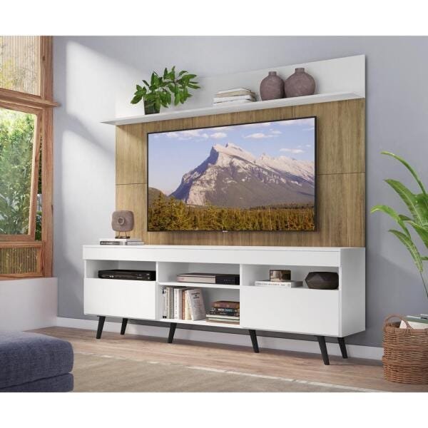 Rack com Painel TV 65 Polegadas Madri Multimóveis Branco/Rustic com Prateleira e Pés Retrô Preto - 7