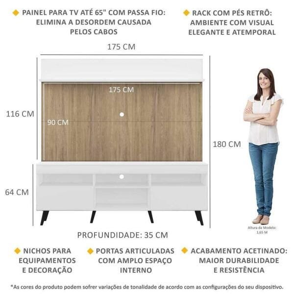 Rack com Painel TV 65 Polegadas Madri Multimóveis Branco/Rustic com Prateleira e Pés Retrô Preto - 3