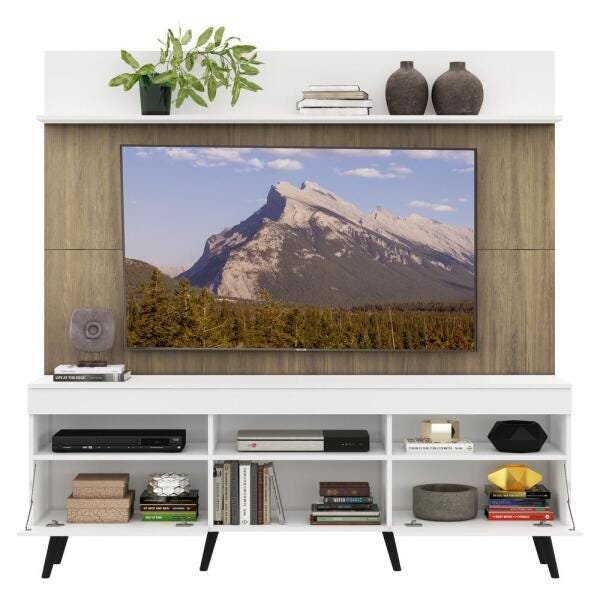 Rack com Painel TV 65 Polegadas Madri Multimóveis Branco/Rustic com Prateleira e Pés Retrô Preto - 5