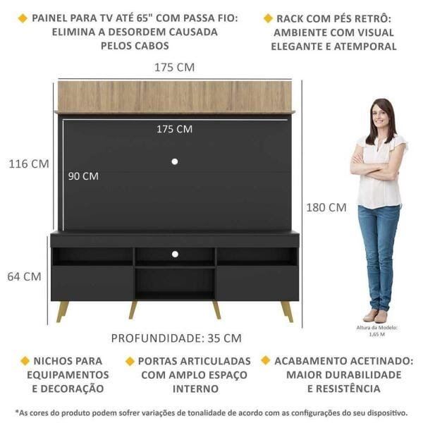 Rack com Painel TV 65 Polegadas Madri Multimóveis Preto/Rustic com Prateleira e Pés Retrô Natural - 3