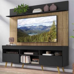 Rack com Painel TV 65 Polegadas Madri Multimóveis Preto/Rustic com Prateleira e Pés Retrô Natural - 1